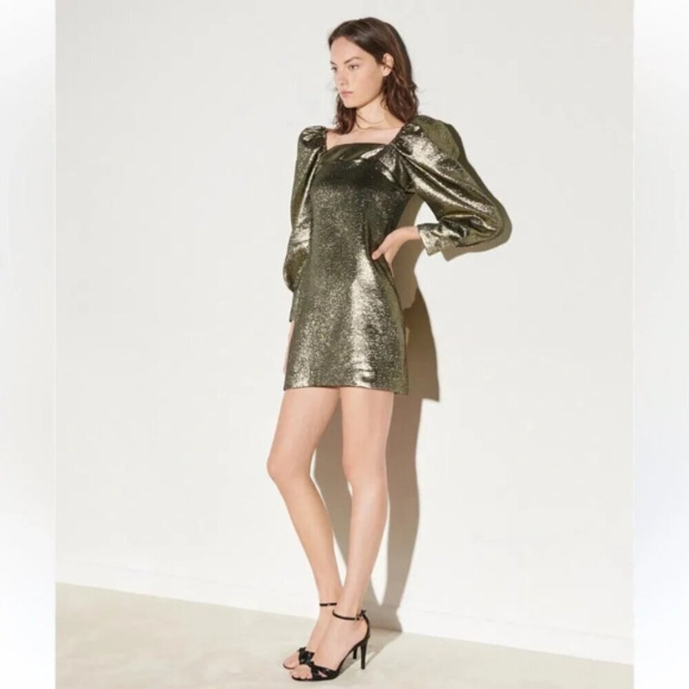 NWOT Sandro Julie Metallic Puffed Sleeve Woven Mini Dress 40 - Picture 3 of 16
